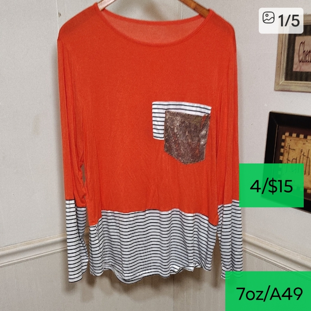 Orange Stripe Pocket Long-Sleeve Women's Blouse